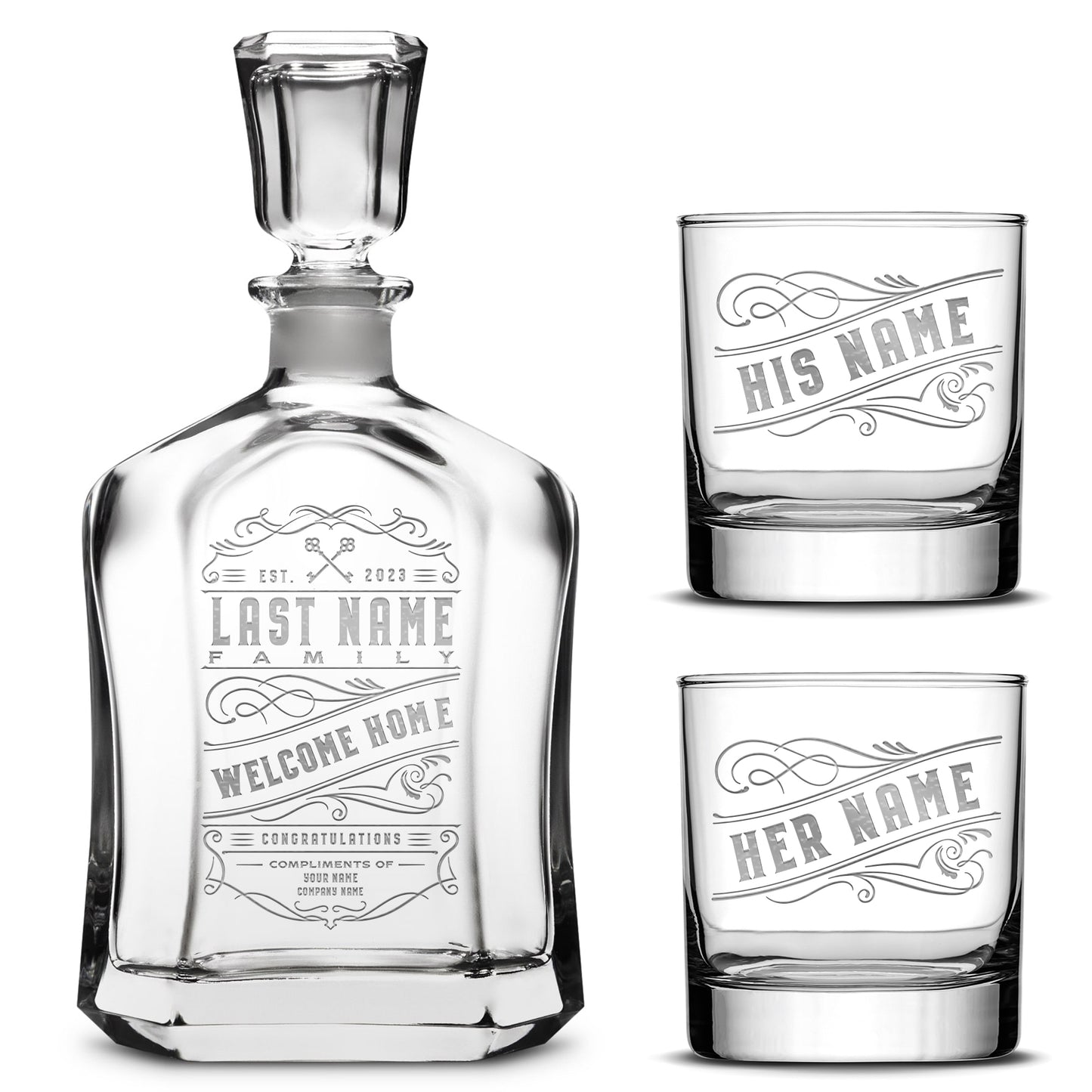 Customizable Welcome Home Capitol Decanter with Set of 2 Custom Whiskey Glasses, Olsen, 750ml, Laser Etched or Hand Etched