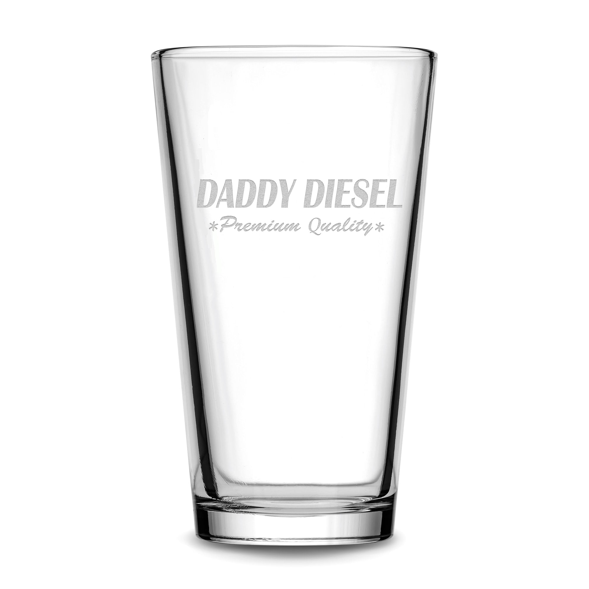 Integrity Bottles, Daddy Diesel, Premium Pint Glass, Handmade, Handblown, Hand Etched Gifts, Sand Carved, 16oz