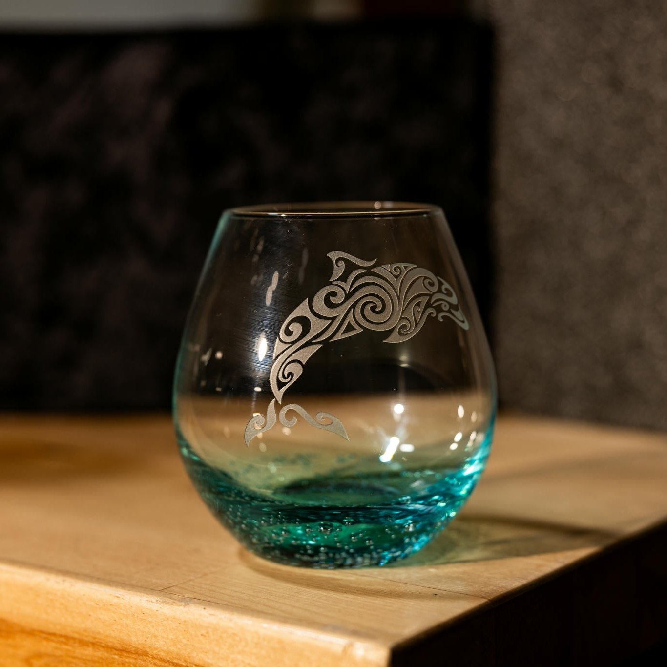 Bubble Wine Glass with Tribal Dolphin Design, Laser Etched or Hand Etc