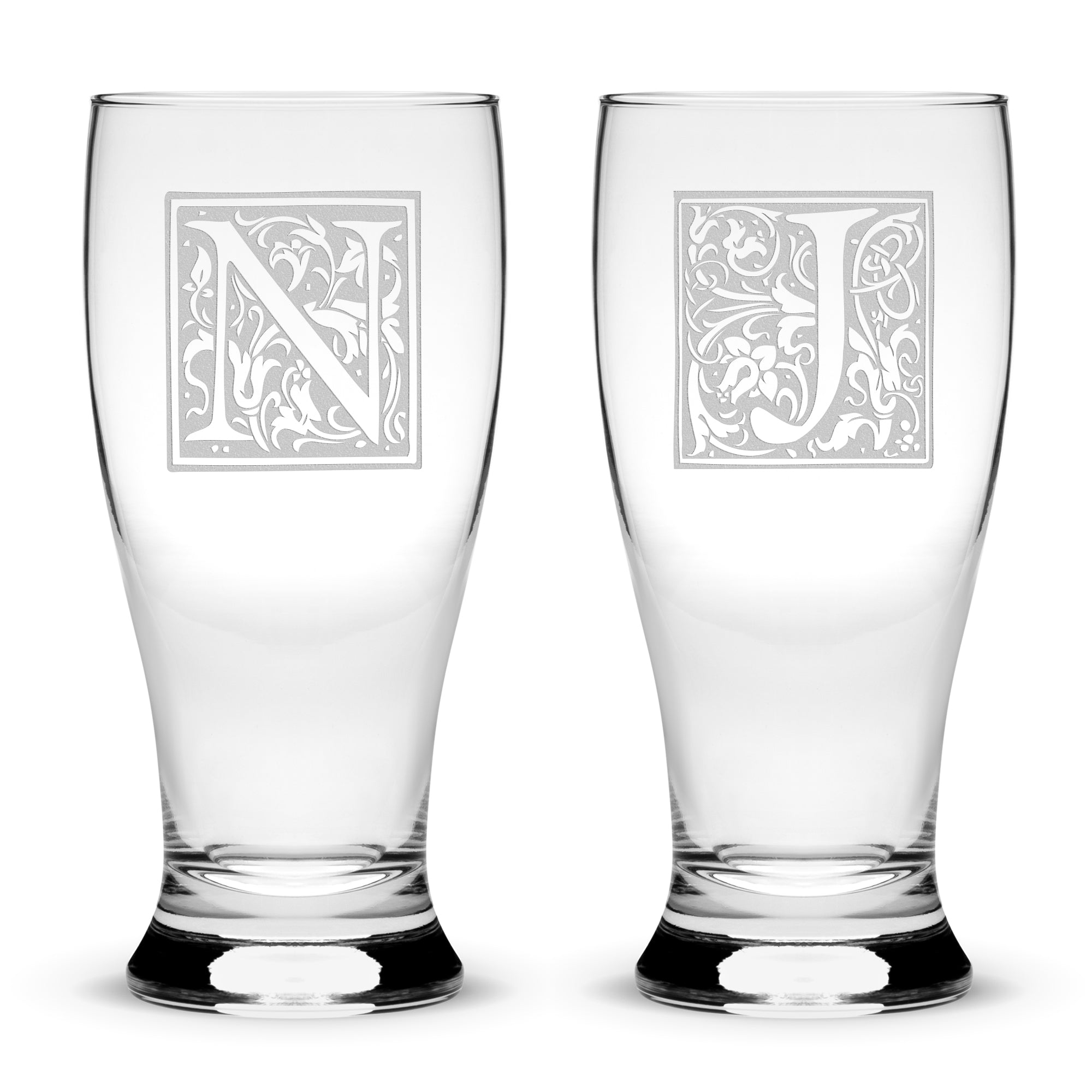 Customizable Floral Monogram, (Set of 2) Premium Pilsner Beer Glasses, Handmade, Handblown, Hand Etched Gifts, Sand Carved, 16oz