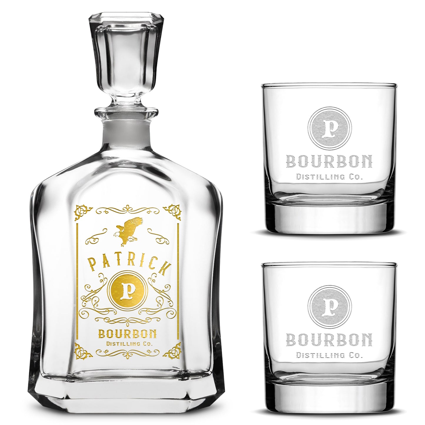 Customizable, Premium Capital Style Liquor Decanter and (Set of 2) Premium Whiskey Glasses, Handmade, Handblown, Hand Etched Gifts, Sand Carved, 750ml, Laser Etched or Hand Etched