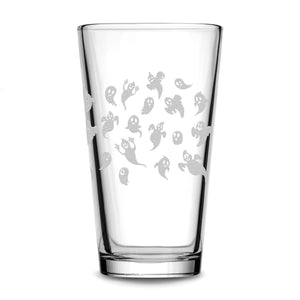 Integrity Bottles, Full 360°, Laser Etched, Halloween Ghost Wrap, Premium Beer Glass, Handmade, 16oz, Laser Etched or Hand Etched