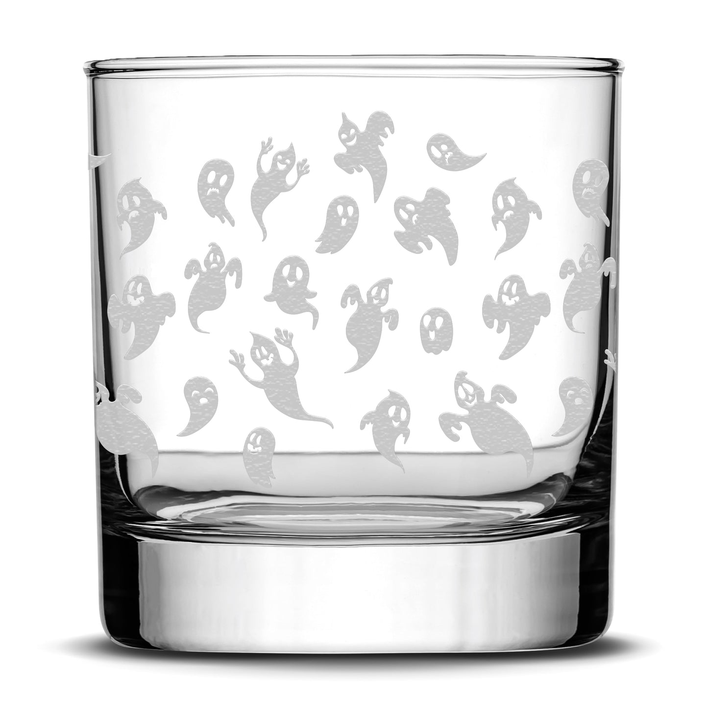 Integrity Bottles, Full 360°, Laser Etched, Halloween Ghost Wrap, Premium Whiskey Glass, Handmade, 11oz, Laser Etched or Hand Etched