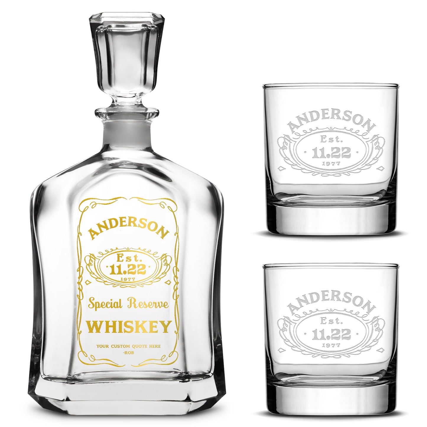 Customizable, Premium Refillable Capital Style Liquor Decanter and (Set of 2) Premium Whiskey Glasses, Handmade, Handblown, Hand Etched Gifts, Sand Carved, 750ml, Laser Etched or Hand Etched