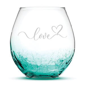 Valentines Day, Love Stemless Wine Crackle Glass, Laser Etched or Hand Etched
