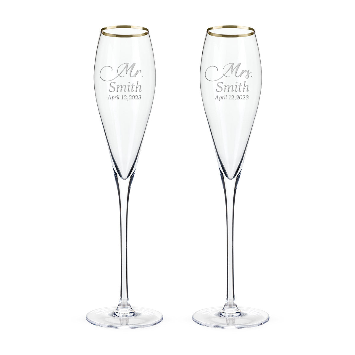 Customizable Mr. & Mrs. Smith, Premium Gold Rimmed Champagne Flute, (Set of 2) Handmade, Handblown, Hand Etched Gifts, Sand Carved, 6oz