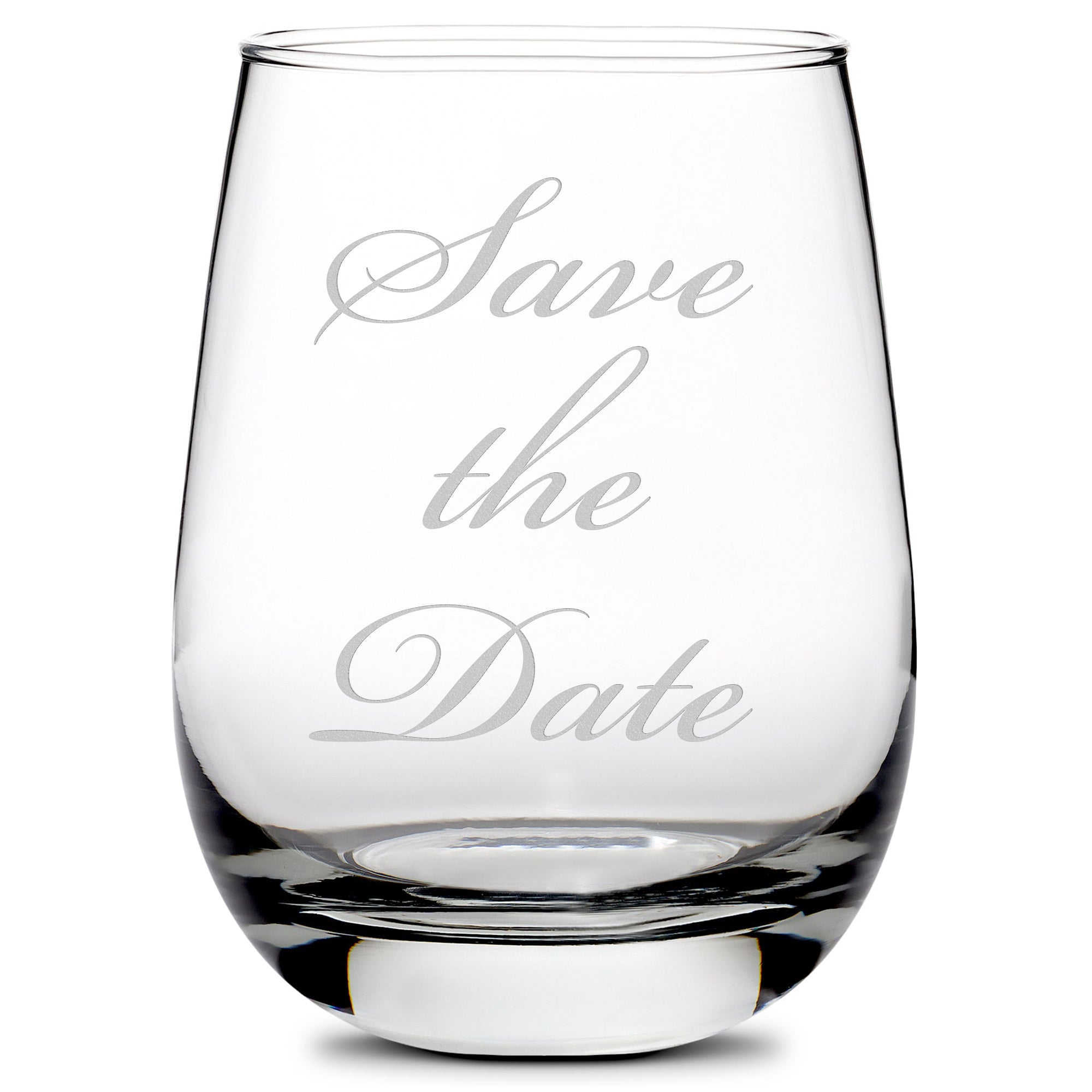 Integrity Bottles, Stemless Wine Glass, Save the Date, Handmade, Handblown, Hand Etched Gifts, Sand Carved 16oz