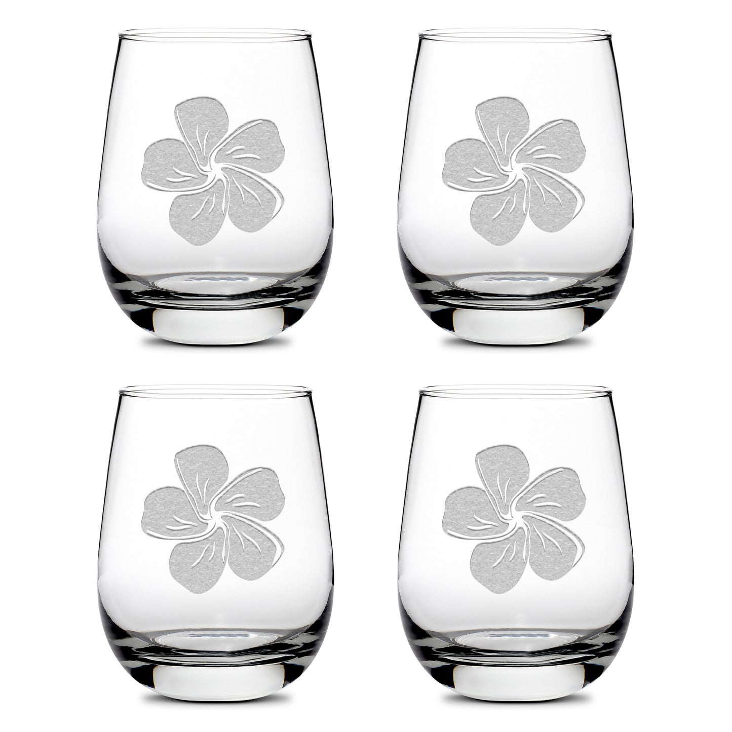 Integrity Bottles, Premium Stemless Wine Glasses, Single Plumeria, Set of 4, Laser Etched or Hand Etched
