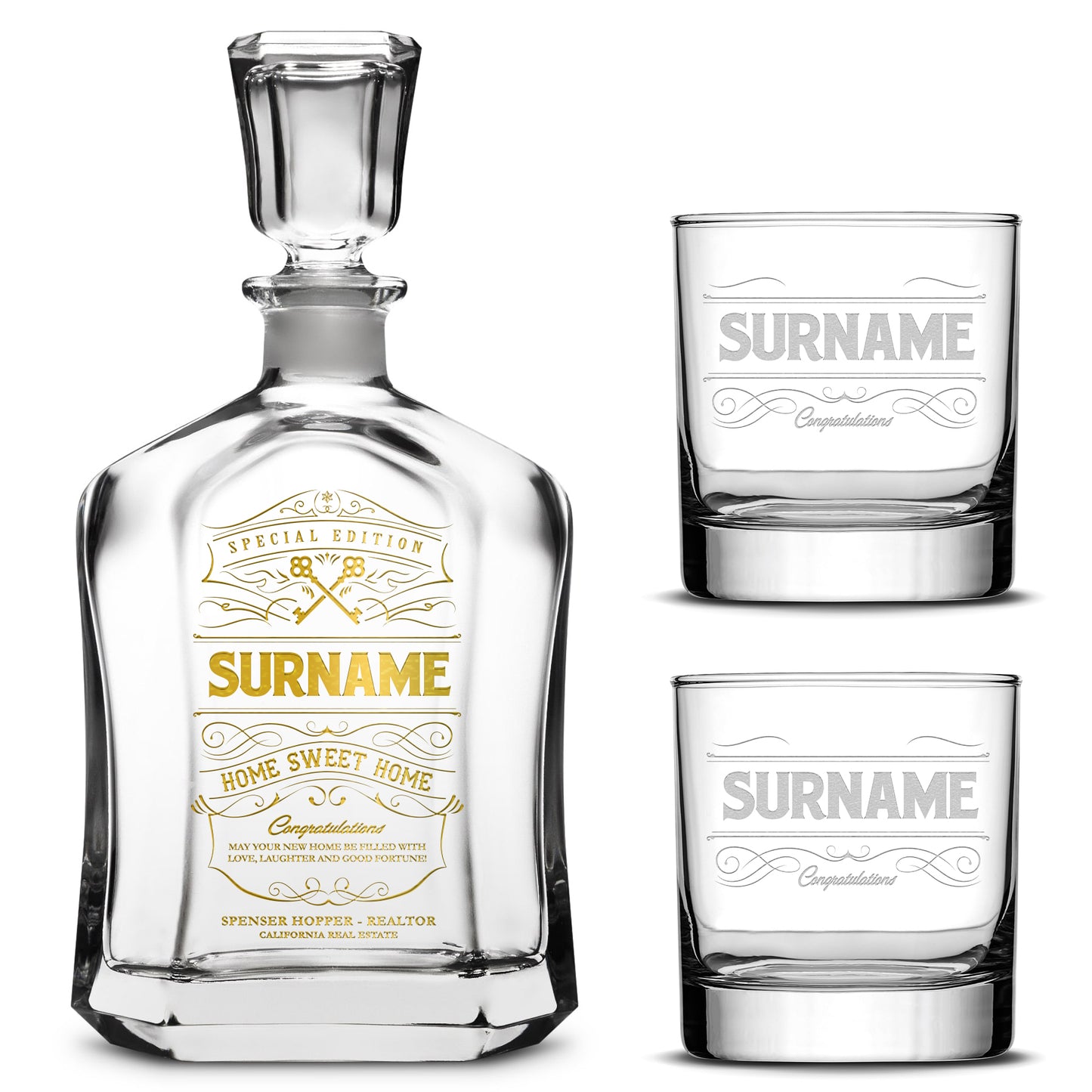 Customizable, Premium Refillable Capital Style Liquor Decanter and (Set of 2) Premium Whiskey Glasses, Handmade, Handblown, Hand Etched Gifts, Sand Carved, 750ml, Laser Etched or Hand Etched