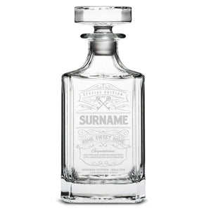 Integrity Bottles, Customizable Surname, Premium Refillable Diamond Style Liquor Decanter, Handmade, Handblown, Hand Etched Gifts, Sand Carved, 750ml, Laser Etched or Hand Etched