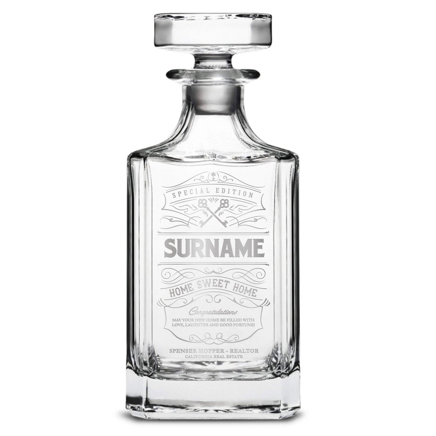 Integrity Bottles, Customizable Surname, Premium Refillable Diamond Style Liquor Decanter, Handmade, Handblown, Hand Etched Gifts, Sand Carved, 750ml, Laser Etched or Hand Etched