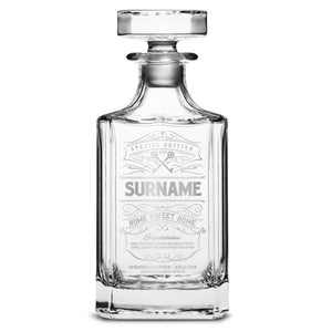 Integrity Bottles, Customizable Surname, Premium Refillable Diamond Style Liquor Decanter, Handmade, Handblown, Hand Etched Gifts, Sand Carved, 750ml, Laser Etched or Hand Etched