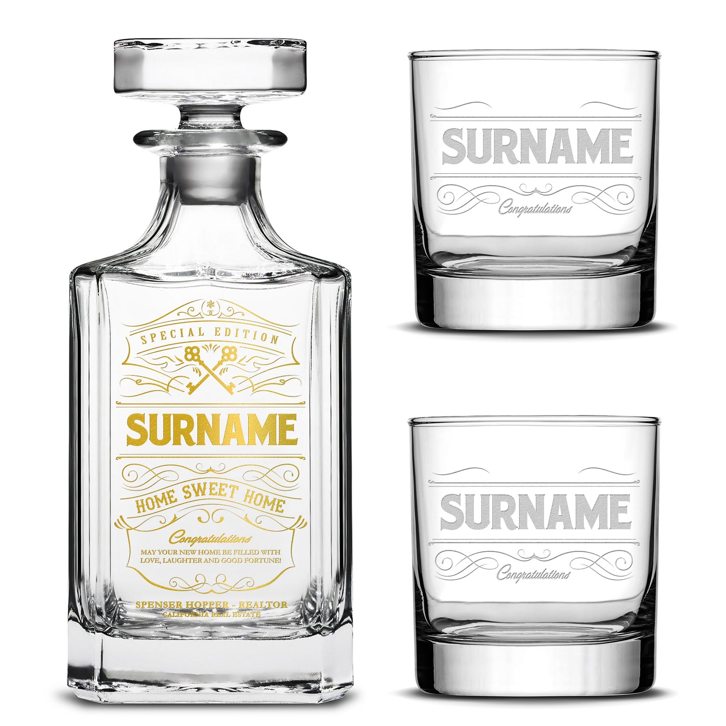 Customizable, Premium Refillable Diamond Style Liquor Decanter and (Set of 2) Premium Whiskey Glasses, Handmade, Handblown, Hand Etched Gifts, Sand Carved, 750ml, Laser Etched or Hand Etched