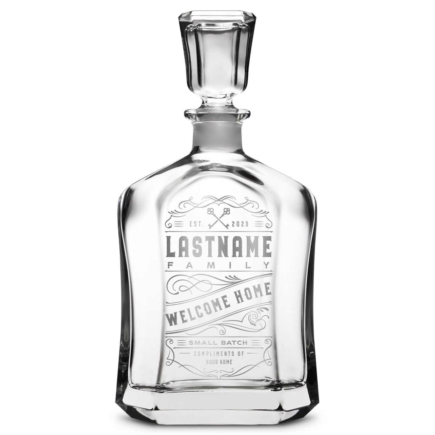 Customizable Welcome Home, Premium Refillable Capital Style Liquor Bottle, Handmade, Handblown, Hand Etched Gifts, Sand Carved, 750ml, Laser Etched or Hand Etched