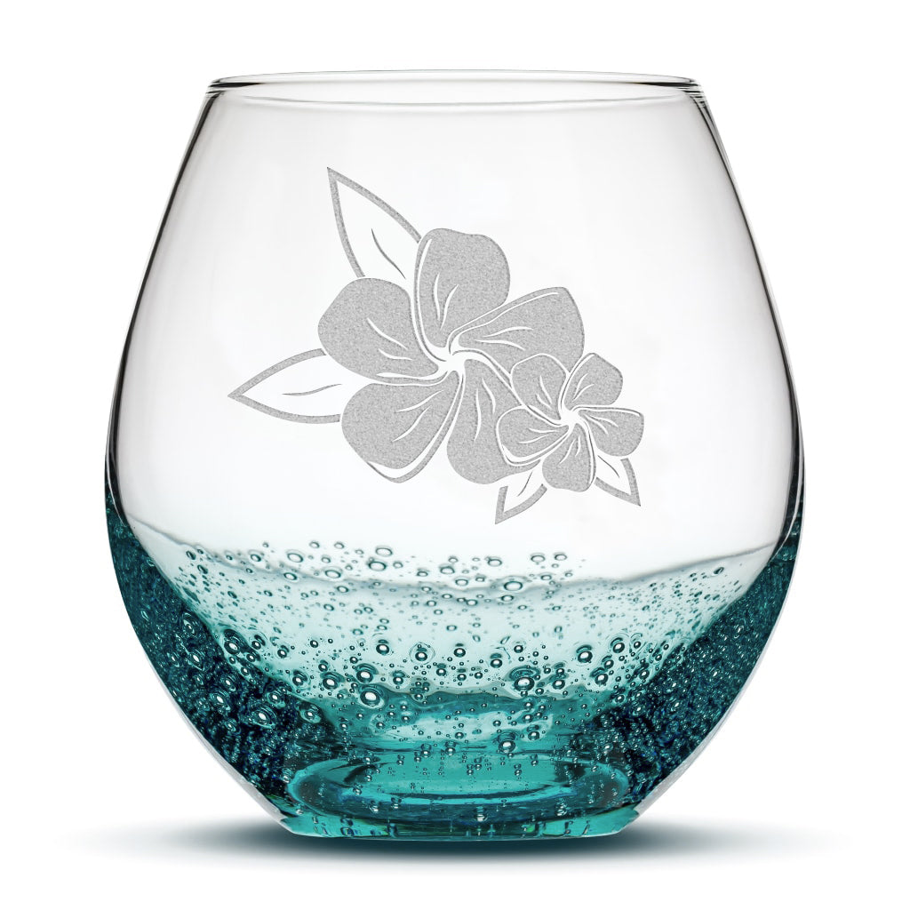 Bubble Wine Glass, 2 Plumerias with Leaves, Laser Etched or Hand Etched, 18oz