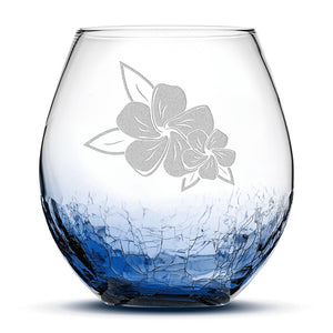 Crackle Wine Glass, 2 Plumerias with Leaves, Laser Etched or Hand Etched, 18oz
