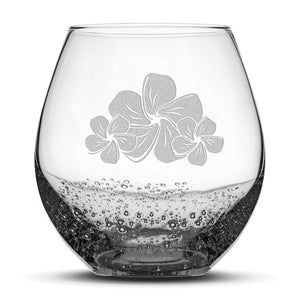 Bubble Wine Glass, 3 Plumerias, Laser Etched or Hand Etched, 18oz