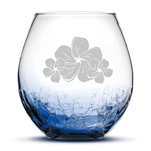 Crackle Wine Glass, 3 Plumerias, Laser Etched or Hand Etched, 18oz