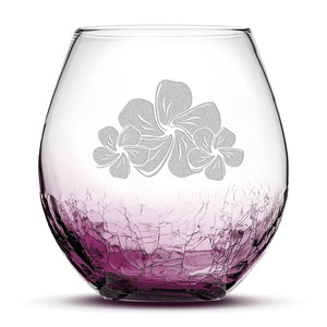 Crackle Wine Glass, 3 Plumerias, Laser Etched or Hand Etched, 18oz