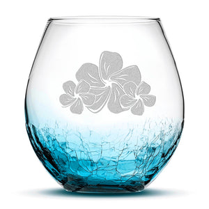 Crackle Wine Glass, 3 Plumerias, Laser Etched or Hand Etched, 18oz