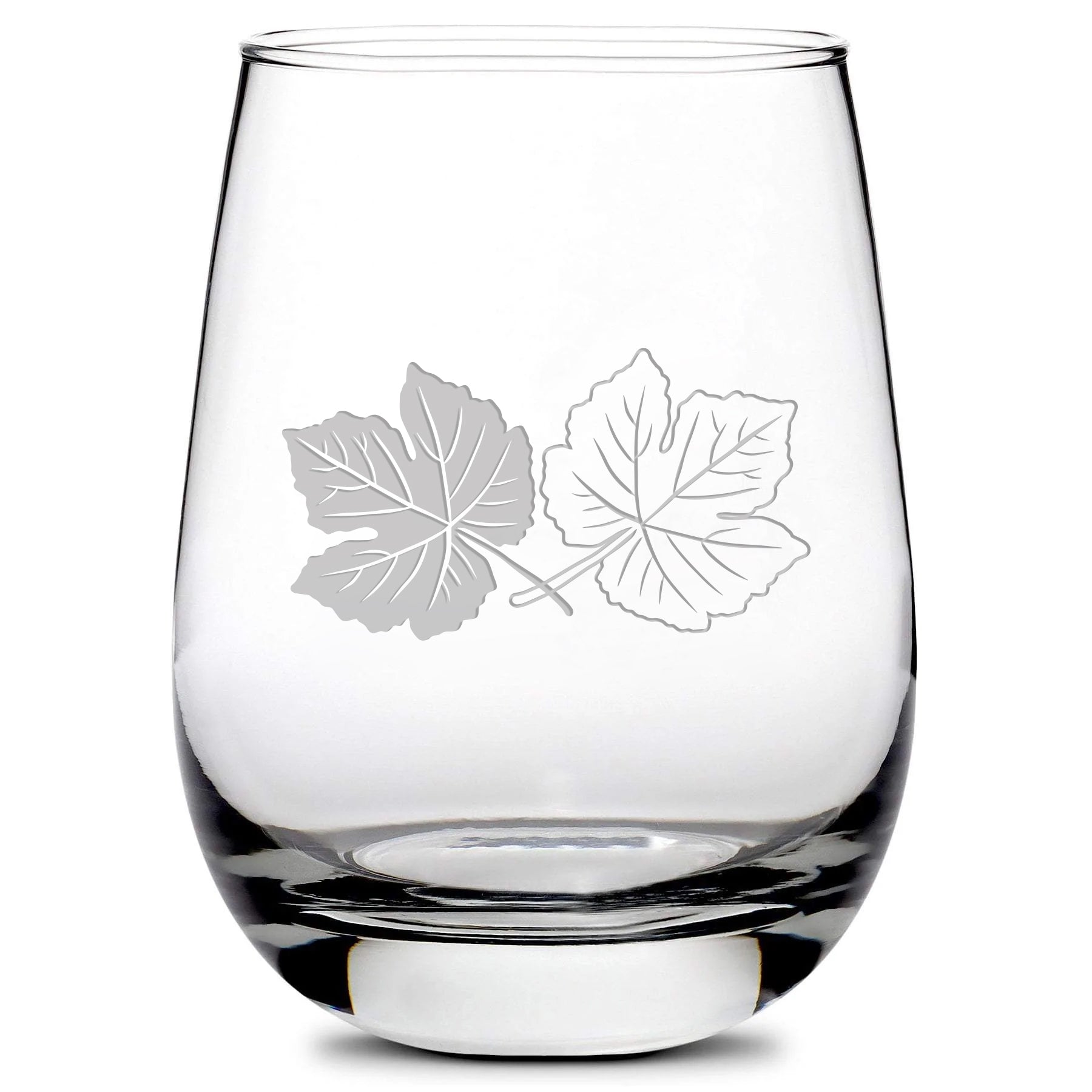 Premium Stemless Wine Glass, Couple of Grape Leaves, Laser Etched or Hand Etched, Made in USA, 16oz