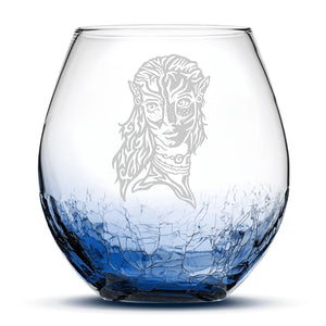 Crackle Wine Glass, Avatar Neytiri, Hand Etched, 18oz