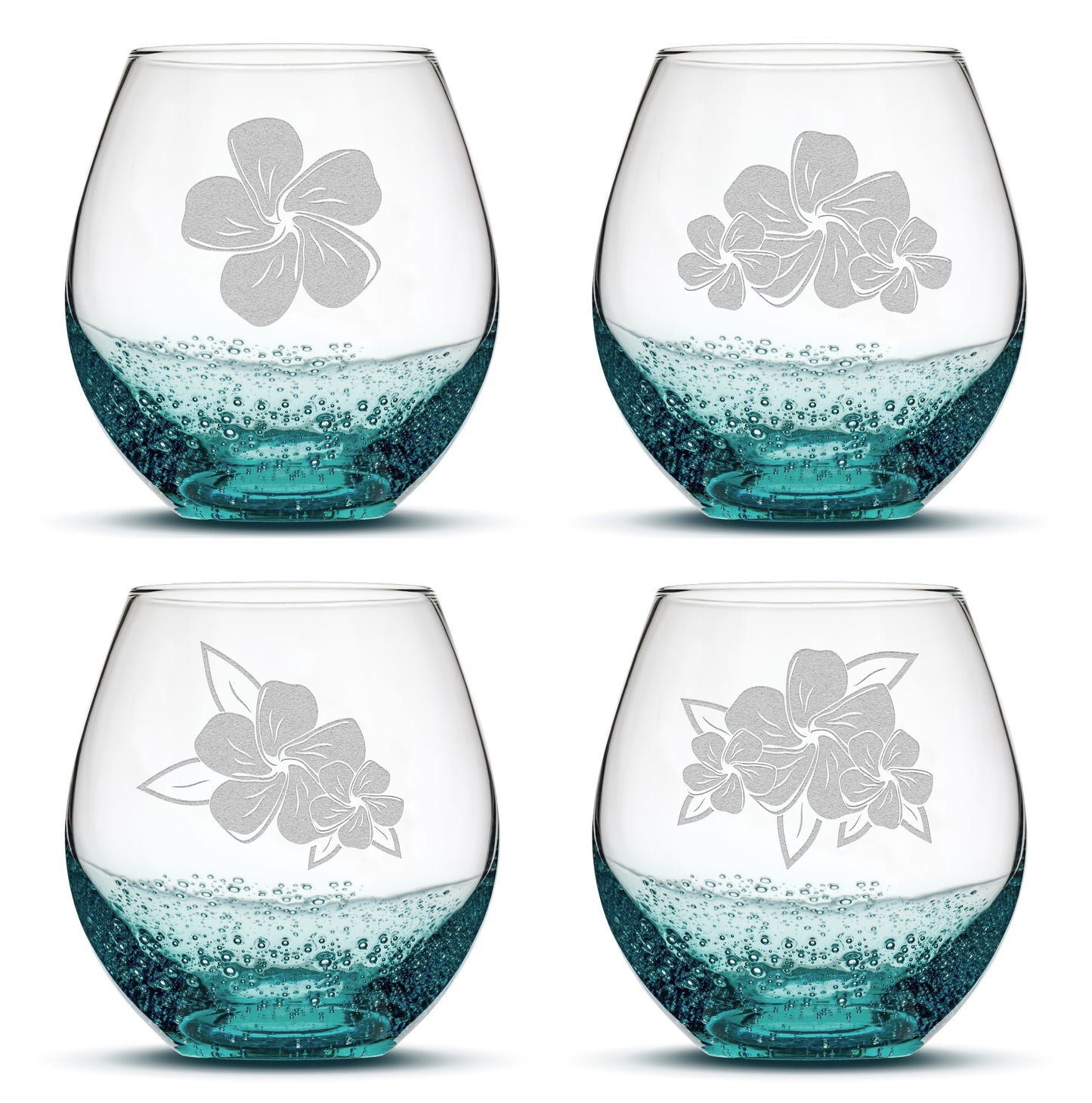 Bubble Stemless Wine Glasses, Plumeria, Set of 4, Laser Etched or Hand Etched
