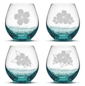 Bubble Stemless Wine Glasses, Plumeria, Set of 4, Laser Etched or Hand Etched