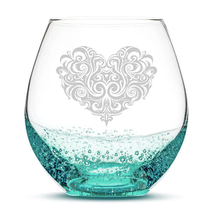 Bubble Wine Glass, Tribal Heart Design, Hand Etched, 18oz
