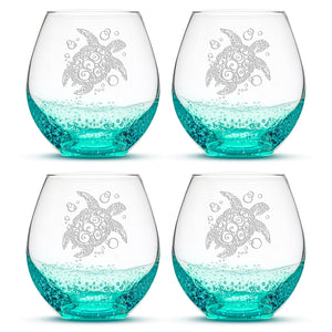 Bubble Wine Glass with Tribal Sea Turtle Design, Set of 4, Laser Etched or Hand Etched