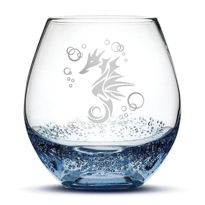 Less Than Perfect Bubble Wine Glass with Seahorse Design, Laser Etched or Hand Etched