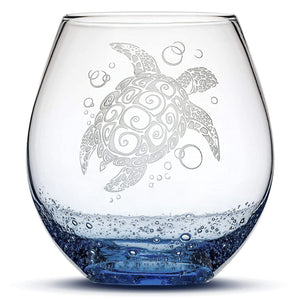 Bubble Wine Glass with Tribal Sea Turtle Design, Hand Etched