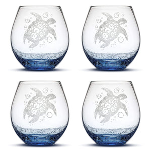 Bubble Wine Glass with Tribal Sea Turtle Design, Set of 4, Laser Etched or Hand Etched