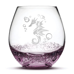 Less Than Perfect Bubble Wine Glass with Seahorse Design, Laser Etched or Hand Etched