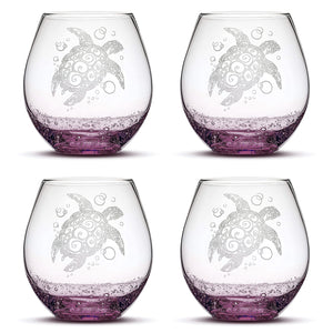 Bubble Wine Glass with Tribal Sea Turtle Design, Set of 4, Laser Etched or Hand Etched