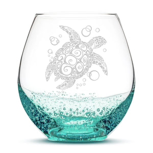 Bubble Wine Glass with Tribal Sea Turtle Design, Hand Etched