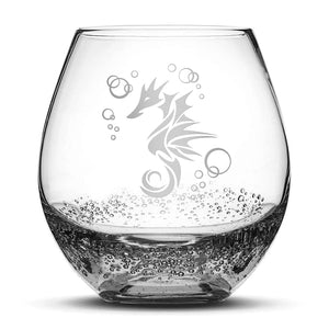 Less Than Perfect Bubble Wine Glass with Seahorse Design, Laser Etched or Hand Etched