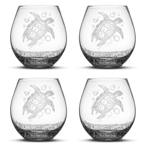 Bubble Wine Glass with Tribal Sea Turtle Design, Set of 4, Laser Etched or Hand Etched