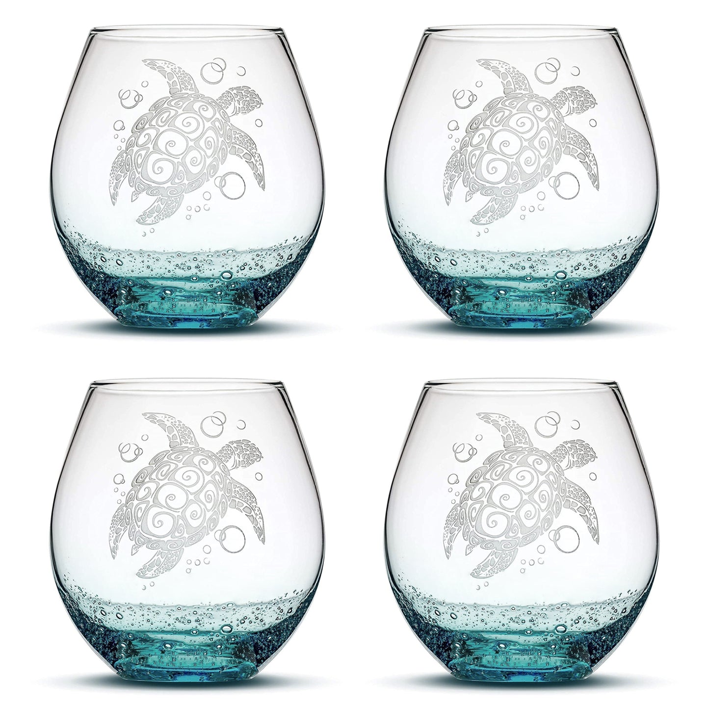 Bubble Wine Glass with Tribal Sea Turtle Design, Set of 4, Laser Etched or Hand Etched