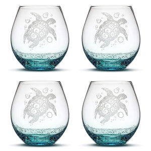 Bubble Wine Glass with Tribal Sea Turtle Design, Set of 4, Laser Etched or Hand Etched