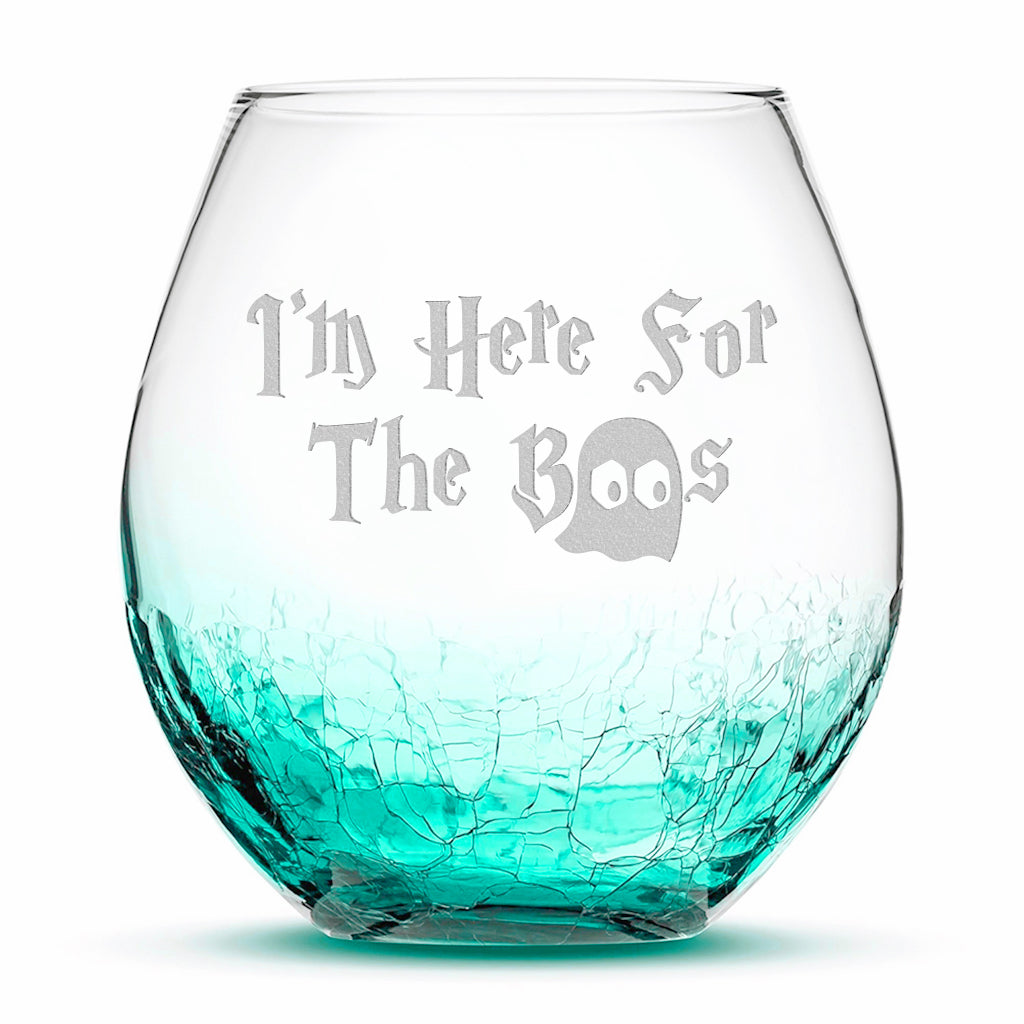 Crackle Wine Glass, I'm Here for the Boo's, Laser Etched or Hand Etched, 18oz