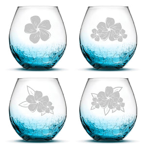 Crackle Stemless Wine Glasses, Plumeria, Set of 4,