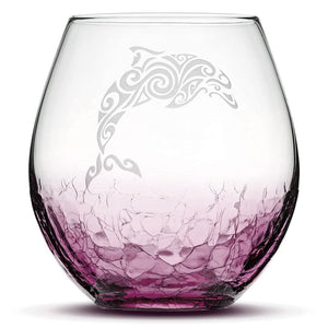 Crackle Wine Glass, Dolphin Design, Laser Etched or Hand Etched, 18oz