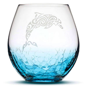 Less Than Perfect Crackle Teal Wine Glass, Dolphin Design, Laser Etched or Hand Etched, 18oz