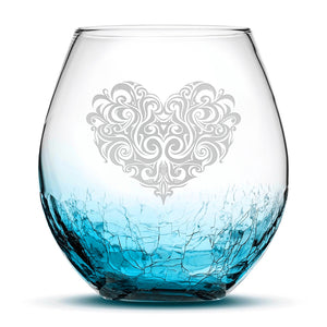 Crackle Wine Glass, Tribal Heart Design, Hand Etched, 18oz