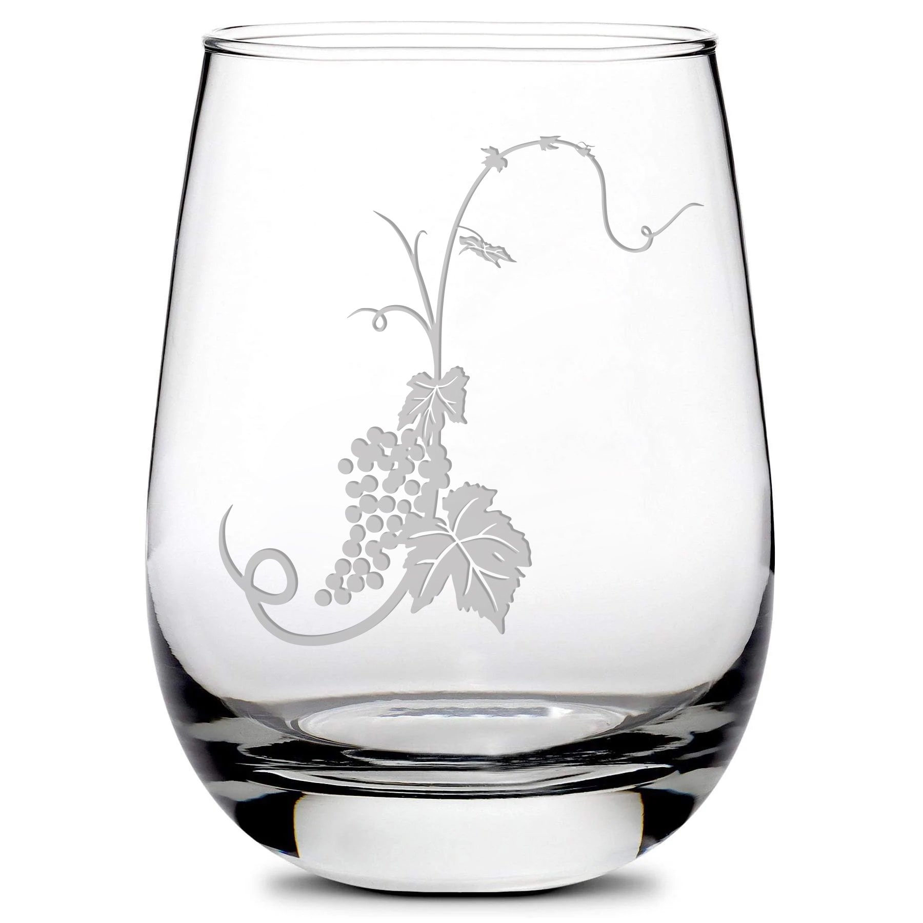 Premium Stemless Wine Glass, Grape Vine, Laser Etched or Hand Etched, Made in USA, 16oz