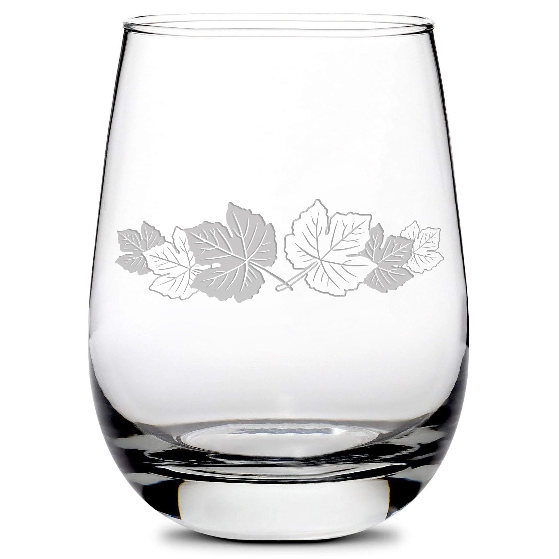 Premium Stemless Wine Glass, Group of Grape Leaves, Hand Etched, Made in USA, 16oz