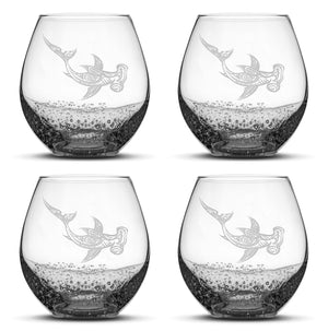 Bubble Wine Glasses with Tribal Hammerhead Shark, Set of 4, Laser Etched or Hand Etched