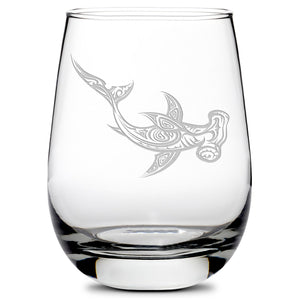 Premium Wine Glasses, Tribal Turtle, Dolphin, Shark, and Stingray (Set of 4), Laser Etched or Hand Etched