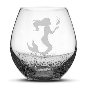 Bubble Wine Glass, Mermaid 1 Design, Hand Etched, 18oz